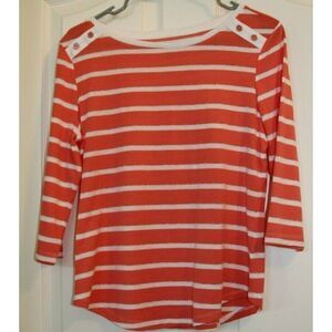 Coral Bay Striped Top 3/4 Sleeves Tee Orange White Metallic Womens Petite Medium
